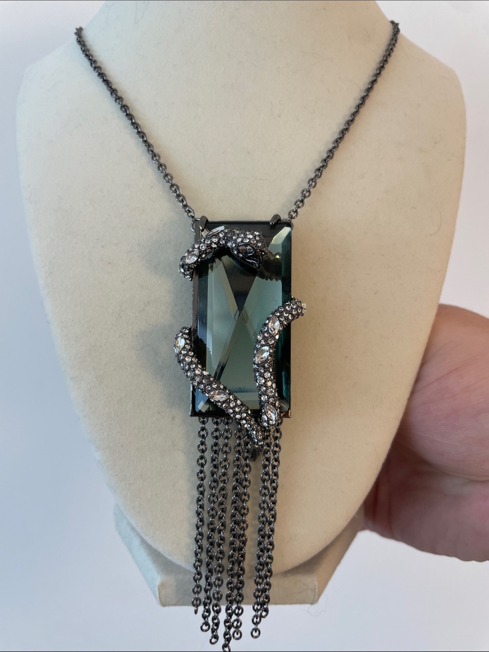 Alexis Bittar Green Crystal Pendant Necklace with Gunmetal Snake and Fringe